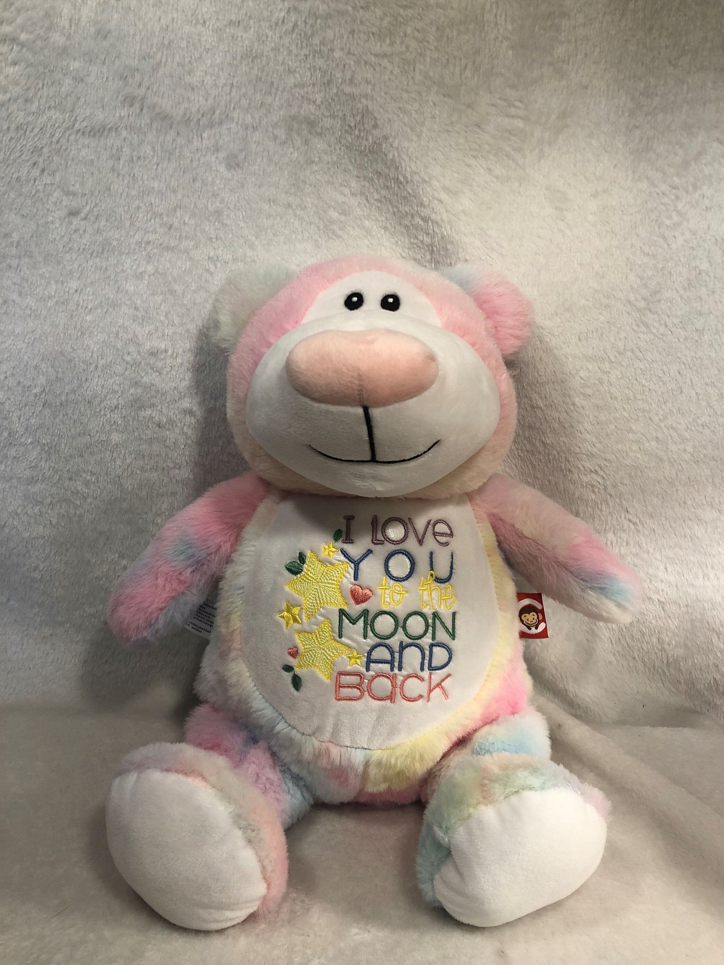 Pastel Plush Teddy Bear, I love you to the Moon and Back, embroidered, personalized, Baby shower gift, gift for baby