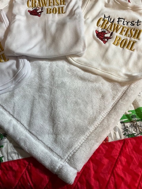 Crawfish boil baby gift set, My first Crawfish boil, Cajun baby gift set, embroidered bib, burp cloth, security blanket, baby shower gift