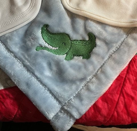 Gator baby gift set, baby Alligator embroidered bib, burp cloth, security blanket, baby shower gift