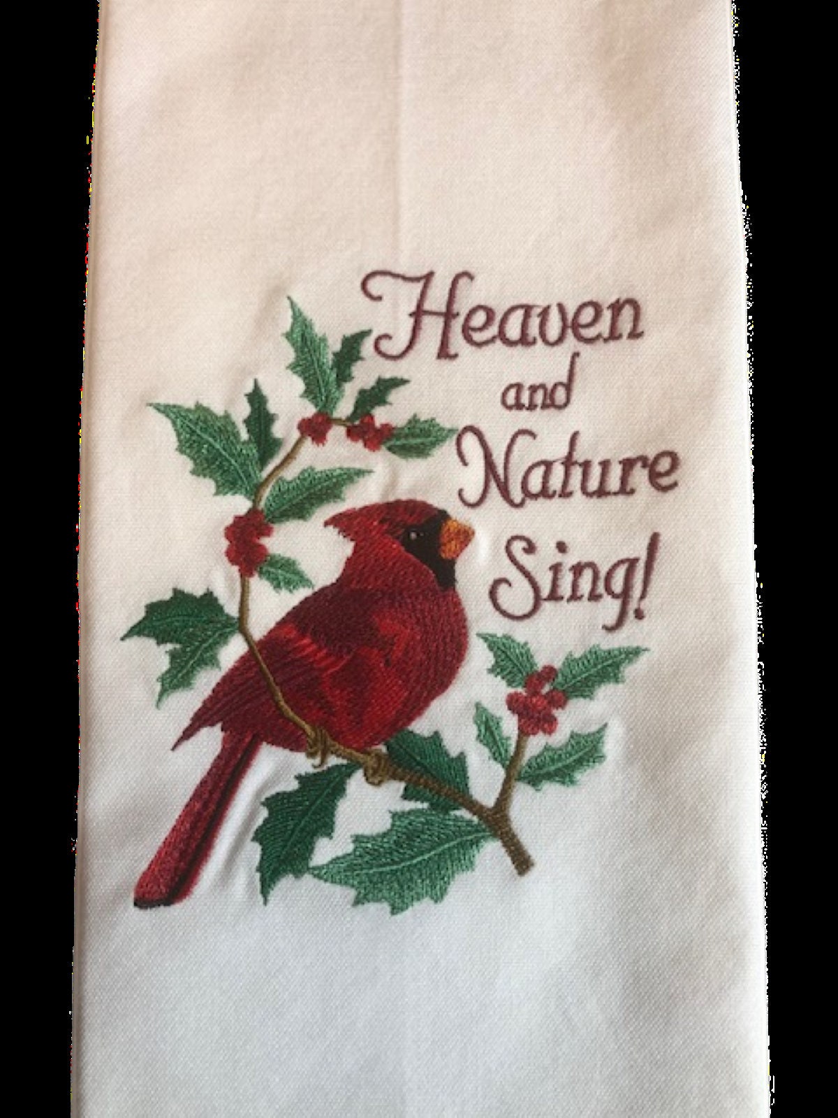 Heaven and Nature Sing Cardinal Christmas Tea Towel – Embroidered