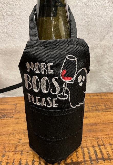 Halloween Wine Bottle Apron, Hallow's Eve Wine bottle cover, wine bottle cover, housewarming gift, wine bottle embroidery, More Boos please