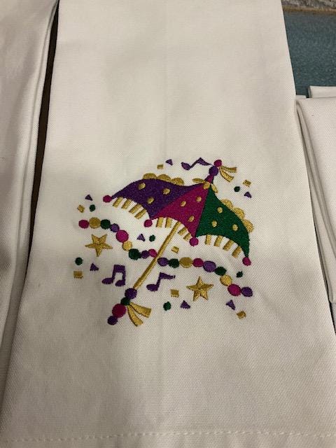 Mardi Gras Kitchen Tea Towel Mask, Float, saxophone, trumpet, Mardi Gras embroidered Louisiana Themed Gift, Courir de Mardi Gras