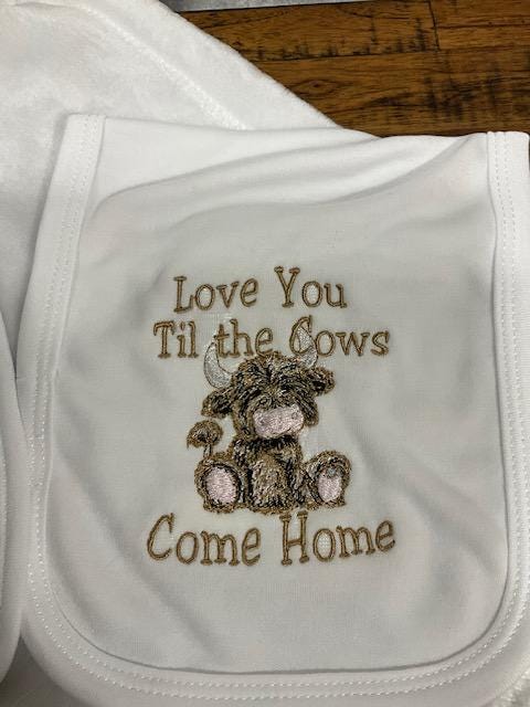 Highland Cow Baby Gift Set | Love You Til the Cows Come Home | Embroidered Bib, Burp Cloth & Lovie | Highland Cow Baby Gift