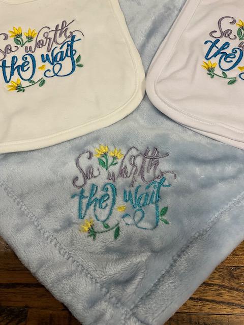 So Worth the Wait Baby Gift Set | Embroidered Bib, Burp Cloth & Lovie | Gender Neutral Baby Shower Gift | Choose Your Pieces