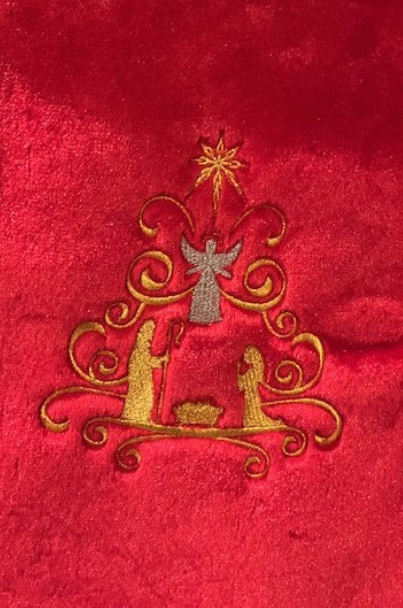 Bethlehem Collection -Set of 4 Jumbo Red Plush Christmas Stockings – 19” Oversized Stockings Embroidered – Elegant Christian Holiday Decor