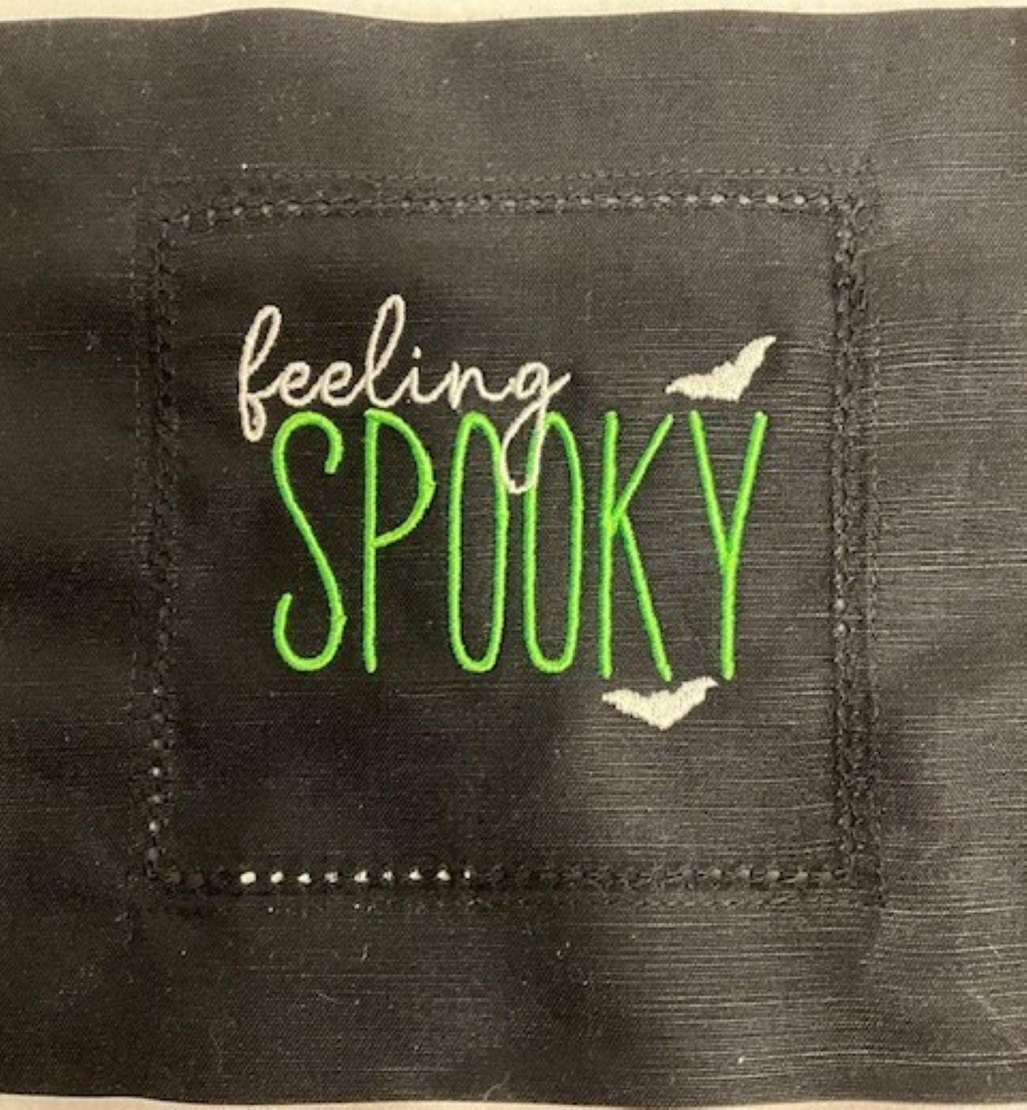 Set of 6 Black Halloween Cocktail Napkins – Embroidered “Feeling Witchy,” “Spooky” & More – Gothic Bar Decor