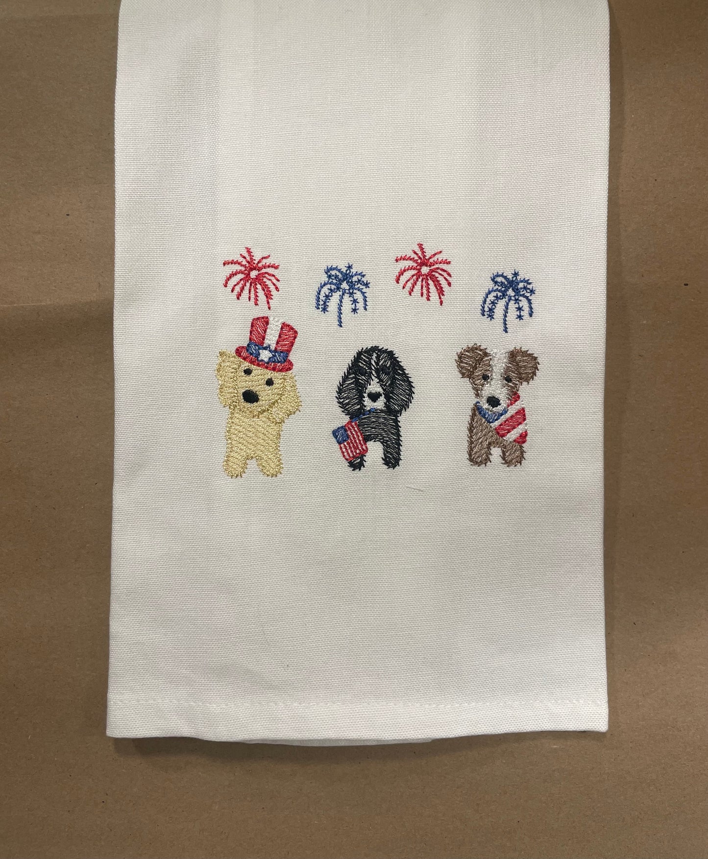 4th of July USA 250th Birthday Patriotic Dog Trio Embroidered Tea Towel