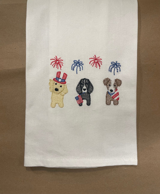 4th of July USA 250th Birthday Patriotic Dog Trio Embroidered Tea Towel