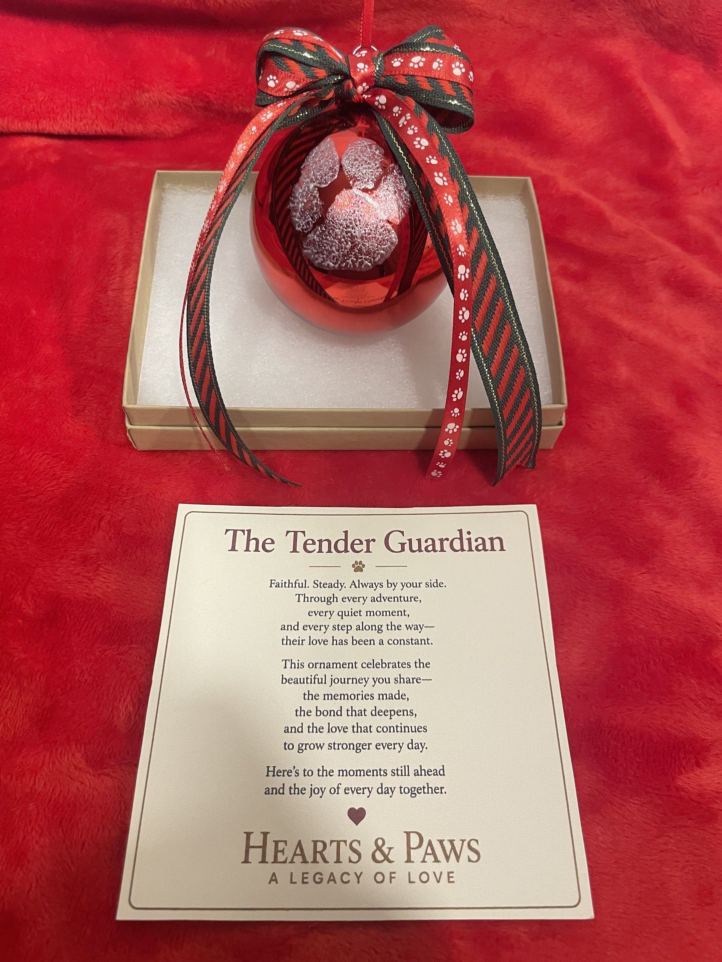 Hearts & Paws Tender Guardian Ornament | Red Paw Print Christmas Ornament