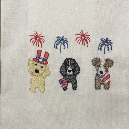 4th of July USA 250th Birthday Patriotic Dog Trio Embroidered Tea Towel