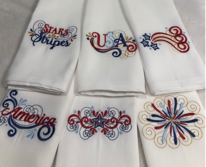 Patriotic Embroidered Dinner Napkin Set | America 250 Collection | Set of 6 Cloth Napkins