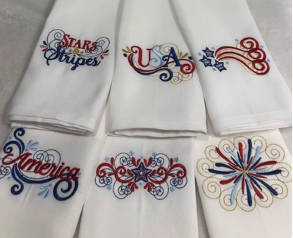 Patriotic Embroidered Dinner Napkin Set | America 250 Collection | Set of 6 Cloth Napkins