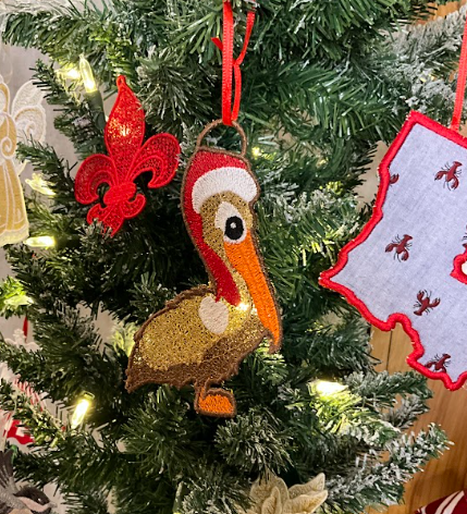 Louisiana Brown Pelican Christmas Ornament | Free Standing Lace Embroidered Holiday Ornament