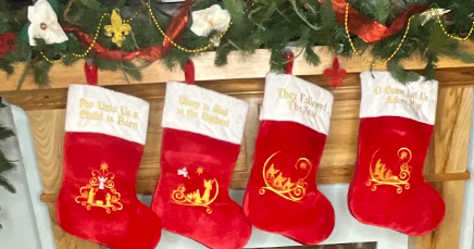 Bethlehem Collection -Set of 4 Jumbo Red Plush Christmas Stockings – 19” Oversized Stockings Embroidered  – Elegant Christian Holiday Decor