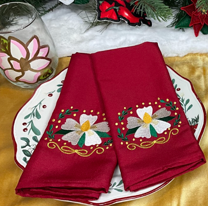 Cajun Christmas Magnolia Dinner Napkin Set | Embroidered Holiday Cloth Napkins