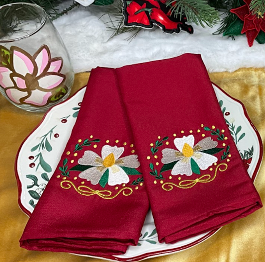 Cajun Christmas Magnolia Dinner Napkin Set | Embroidered Holiday Cloth Napkins