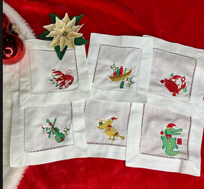 Cajun Christmas Cocktail Napkin Set | Embroidered Louisiana Holiday Linen Napkins (Set of 6)