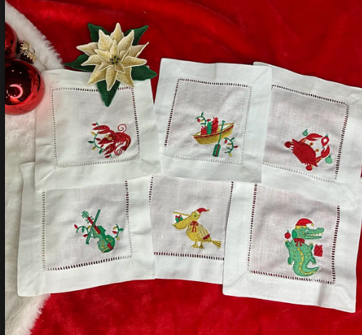 Cajun Christmas Cocktail Napkin Set | Embroidered Louisiana Holiday Linen Napkins (Set of 6)