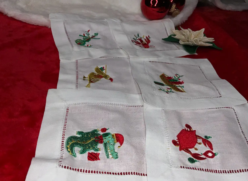 Cajun Christmas Cocktail Napkin Set | Embroidered Louisiana Holiday Linen Napkins (Set of 6)