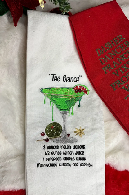Christmas Cocktail Recipe Tea Towels – Poinsettia, Candy Cane Martini & The Grinchh – Embroidered Holiday Kitchen Decor