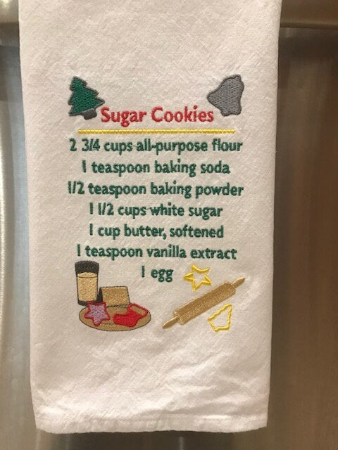 Sugar Cookie Recipe Tea Towel – Embroidered Christmas Kitchen Decor – Holiday Baking Gift – Cotton Recipe Towel – Cookie Lover Gift