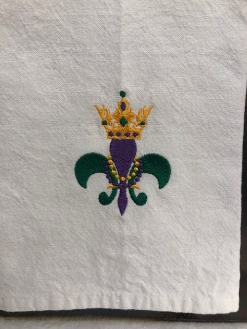 Mardi Gras themed kitchen towels, tea towels, Mardi Gras embroidered kitchen towels, carnival