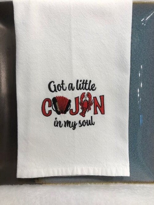 Kitchen Tea Towel Got a Little Cajun in my Soul, Crawfish, Gumbo, embroidered, Louisiana Themed Gift, Gift for mom, Gift for dad,