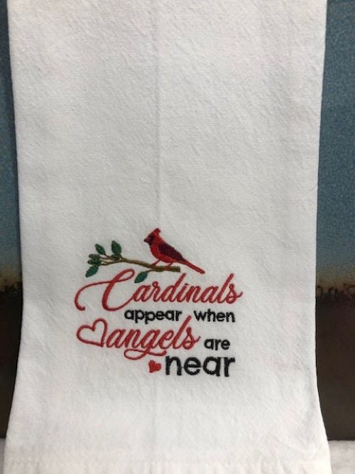 Cardinal Kitchen tea towel, Cardinal tea towel, tea towel cardinal, angels near, embroidered