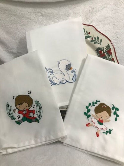 Christmas 12 Days of Christmas Embroidered Cloth Dinner Napkins, Twelve Days of Christmas napkins embroidered