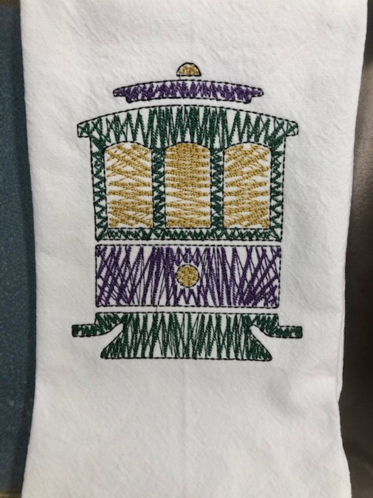 Mardi Gras New Orleans Streetcar Kitchen Tea Towel, Mardi Gras tea towel, embroidered