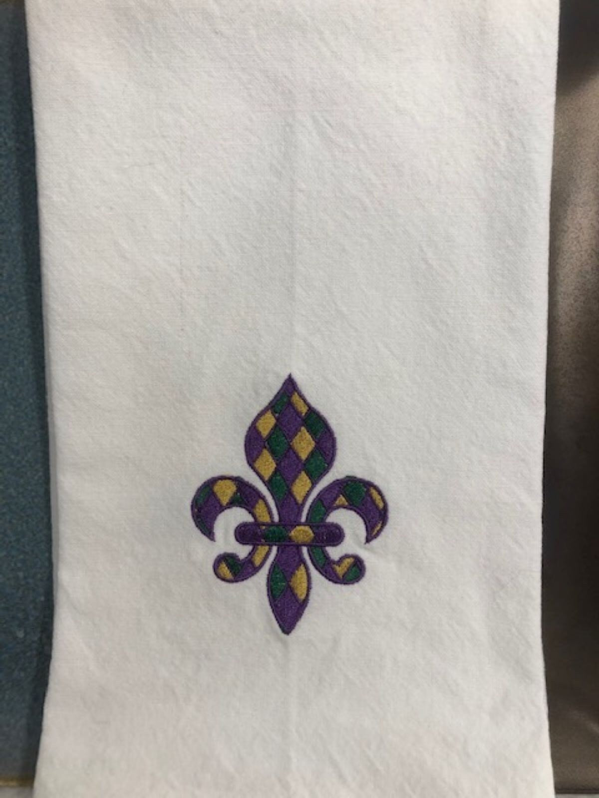 Mardi Gras Fleur de lis Kitchen tea towel, Mardi Gras tea towel embroidered