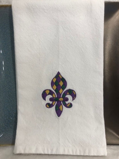 Mardi Gras Fleur de lis Kitchen tea towel, Mardi Gras tea towel embroidered