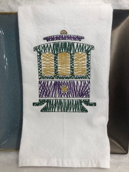 Mardi Gras New Orleans Streetcar Kitchen Tea Towel, Mardi Gras tea towel, embroidered