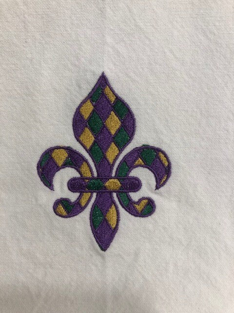 Mardi Gras Fleur de lis Kitchen tea towel, Mardi Gras tea towel embroidered