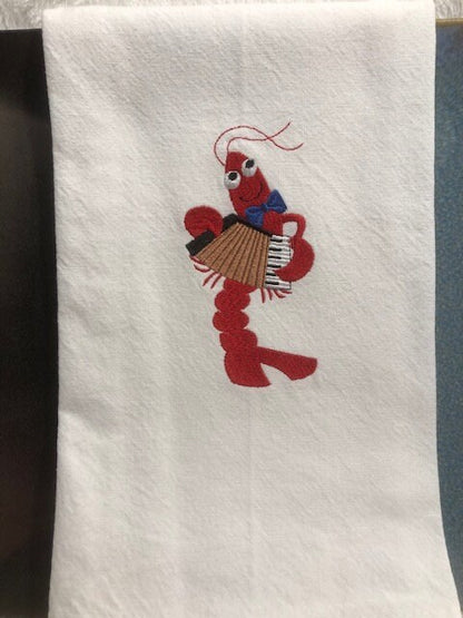 Kitchen Tea Towel Crawfish fiddle accordion triangle Louisiana themed kitchen towel