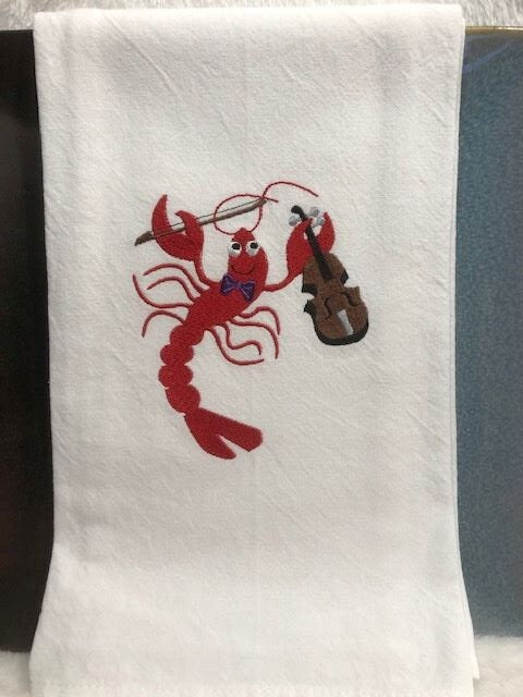 Kitchen Tea Towel Crawfish fiddle accordion triangle Louisiana themed kitchen towel