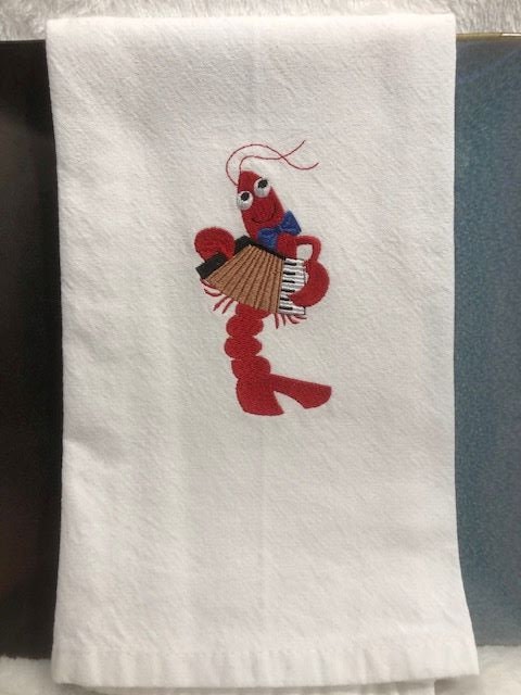 Kitchen Tea Towel Crawfish fiddle accordion triangle Louisiana themed kitchen towel