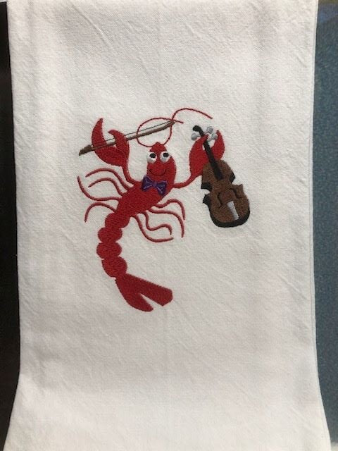 Kitchen Tea Towel Crawfish fiddle accordion triangle Louisiana themed kitchen towel
