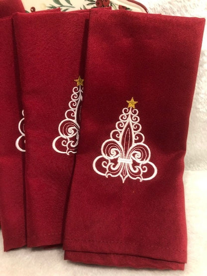 Fleur de Lis Christmas dinner napkin set, Christmas Dinner Napkins embroidered, Fleur de lis Christmas tree dinner napkins