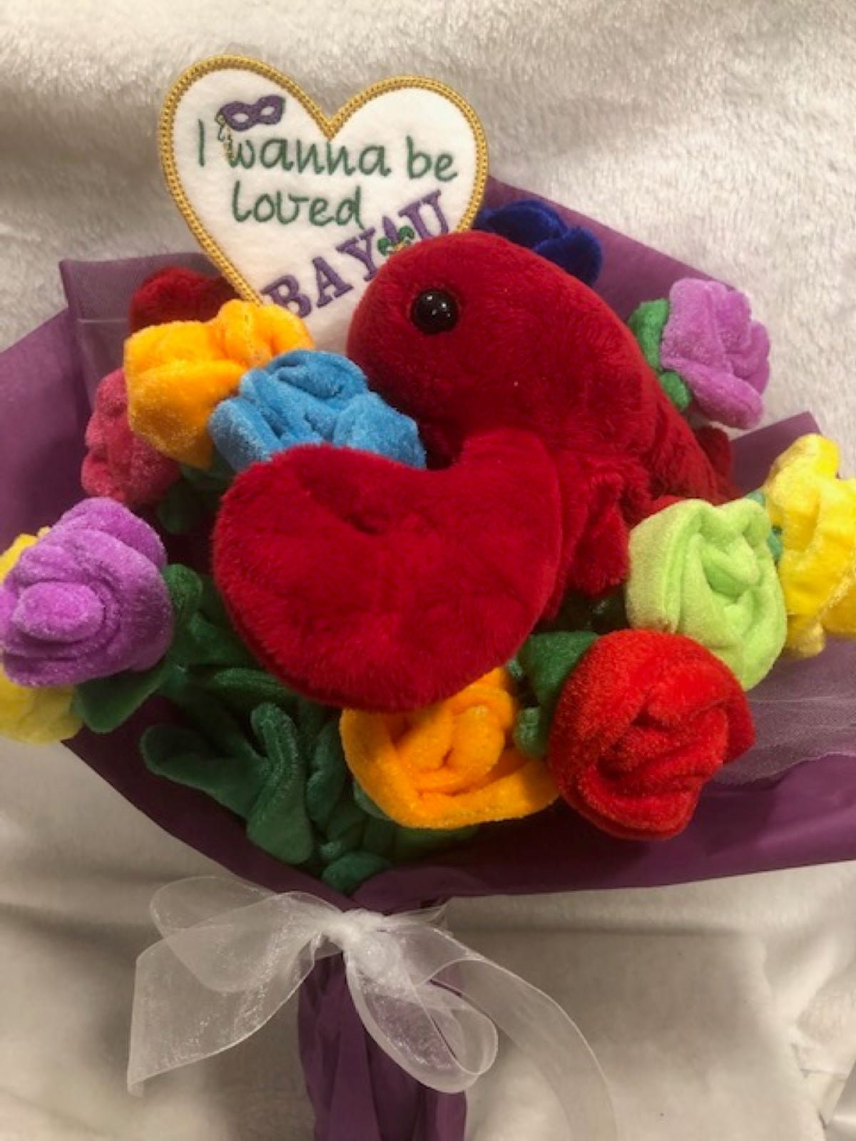 Mother's Day Mardi Gras Crawfish Valentines Day Red Roses Plush bouquet I love you personalized embroidered plush Flowers loved Bayou