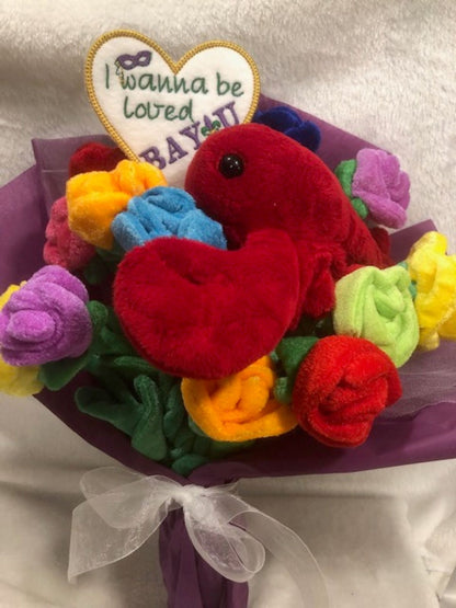 Mother's Day Mardi Gras Crawfish Valentines Day Red Roses Plush bouquet I love you personalized embroidered plush Flowers loved Bayou