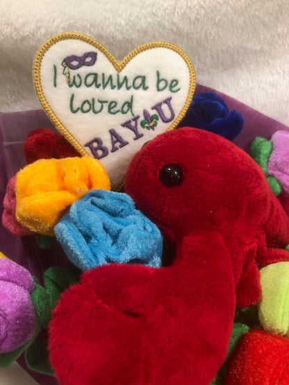Mother's Day Mardi Gras Crawfish Valentines Day Red Roses Plush bouquet I love you personalized embroidered plush Flowers loved Bayou