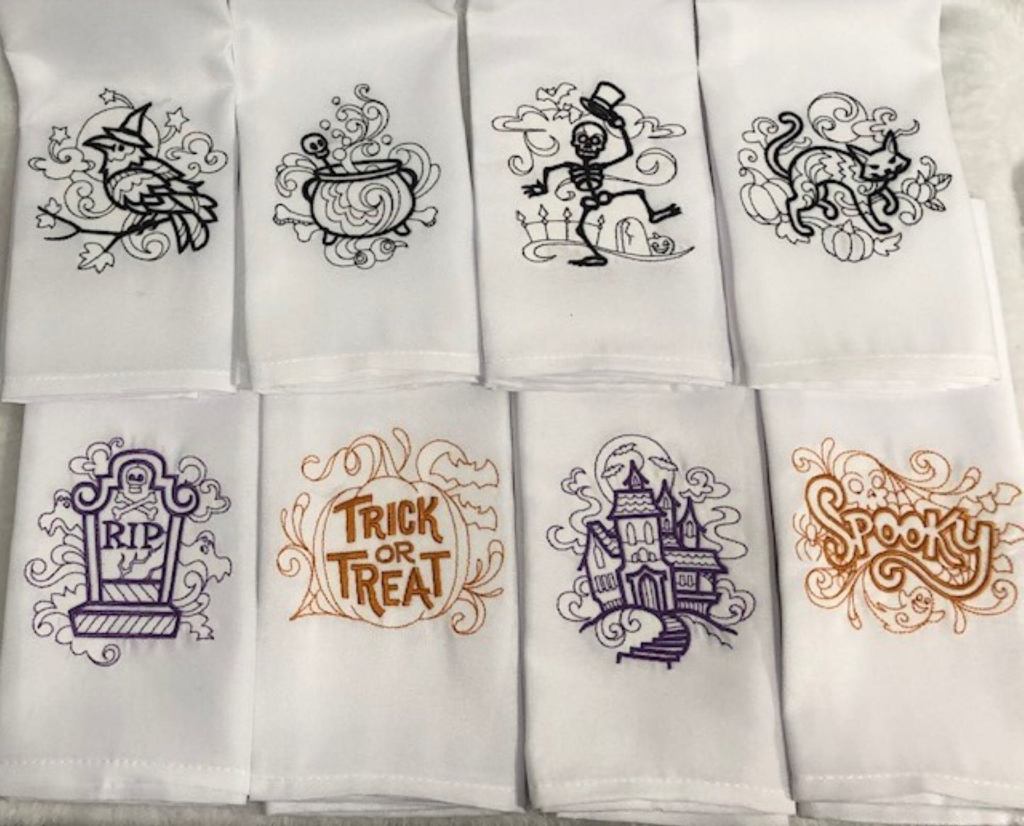 Halloween Dinner Cloth Napkin Set, All Hallows Eve, Day of the Dead, Customized Personalized Embroidered