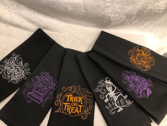 Halloween Dinner Cloth Napkin Set, All Hallows Eve, Day of the Dead, Customized Personalized Embroidered