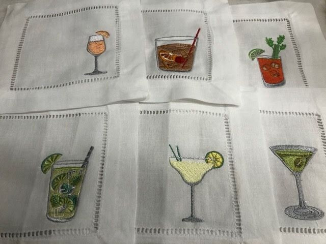 Alcohol themed Embroidered Cocktail Napkins, Boozy Cocktail Napkins set of 6, Bar Top Napkins, Tequila, Bloody Mary, Housewarming Gifts