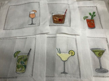 Alcohol themed Embroidered Cocktail Napkins, Boozy Cocktail Napkins set of 6, Bar Top Napkins, Tequila, Bloody Mary, Housewarming Gifts