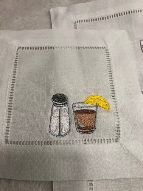 Alcohol themed Embroidered Cocktail Napkins, Boozy Cocktail Napkins set of 6, Bar Top Napkins, Tequila, Bloody Mary, Housewarming Gifts
