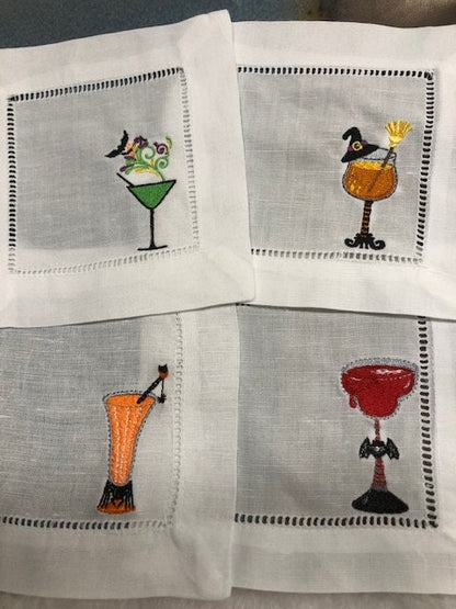 Halloween cocktail napkins , embroidered cocktail napkins, bar top napkins, Halloween themed cocktail napkings
