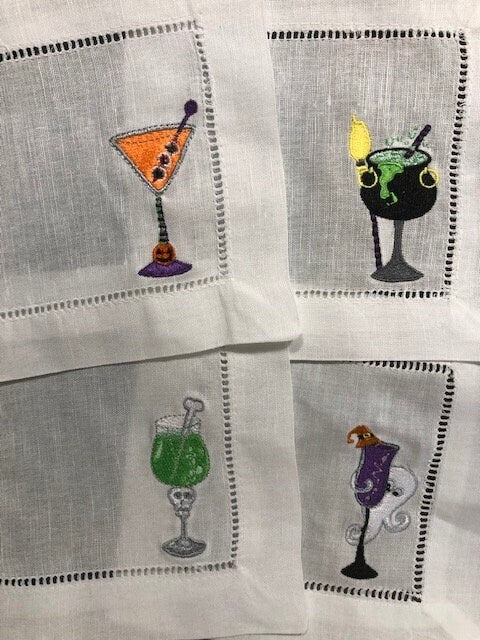 Halloween cocktail napkins , embroidered cocktail napkins, bar top napkins, Halloween themed cocktail napkings