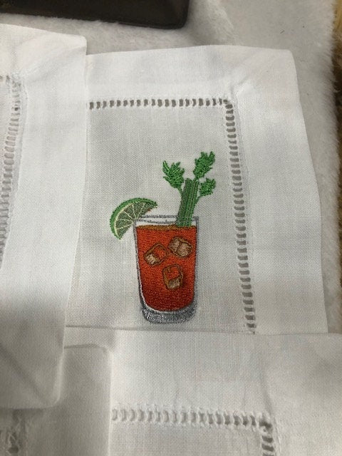 Alcohol themed Embroidered Cocktail Napkins, Boozy Cocktail Napkins set of 6, Bar Top Napkins, Tequila, Bloody Mary, Housewarming Gifts